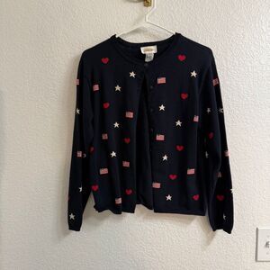 Talbot’s Cardigan Sweater Size S, Navy Patriotic With Stars & Flags